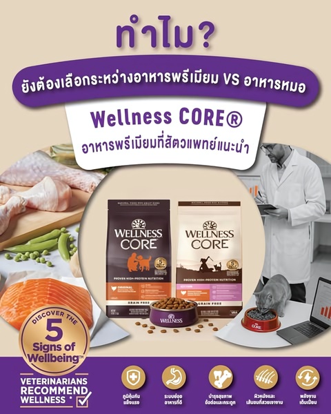 An educational pet food ad featuring a side-by-side comparison between premium and clinic-grade options, highlighted with nutritional benefits.